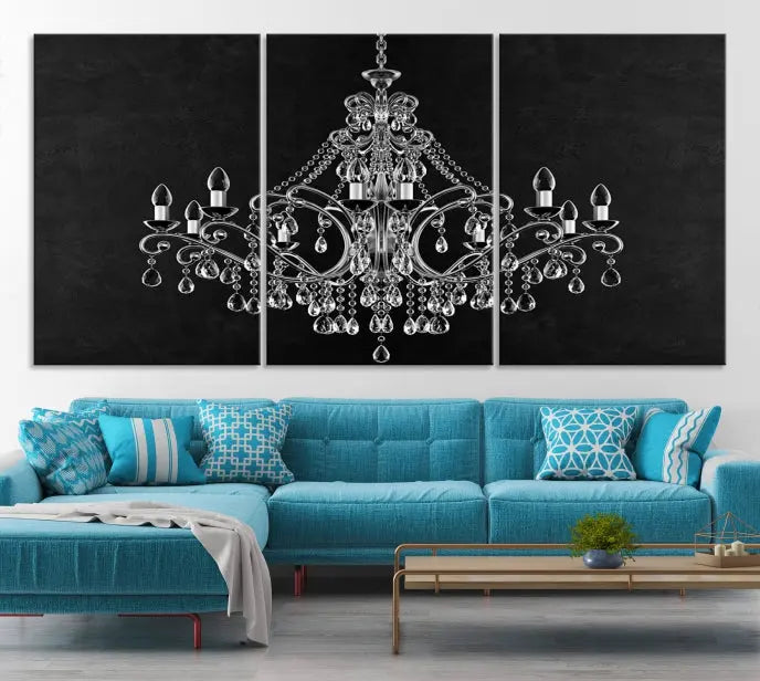 A set of "Black and White Chandelier" canvas prints adorns the wall. Crafted on museum-quality canvas, each piece is finished with satin varnish, adding an elegant touch.