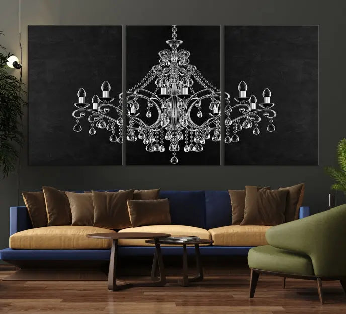 A set of "Black and White Chandelier" canvas prints adorns the wall. Crafted on museum-quality canvas, each piece is finished with satin varnish, adding an elegant touch.