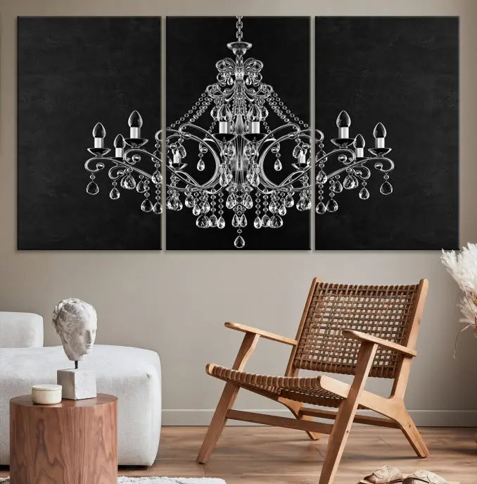 A set of "Black and White Chandelier" canvas prints adorns the wall. Crafted on museum-quality canvas, each piece is finished with satin varnish, adding an elegant touch.