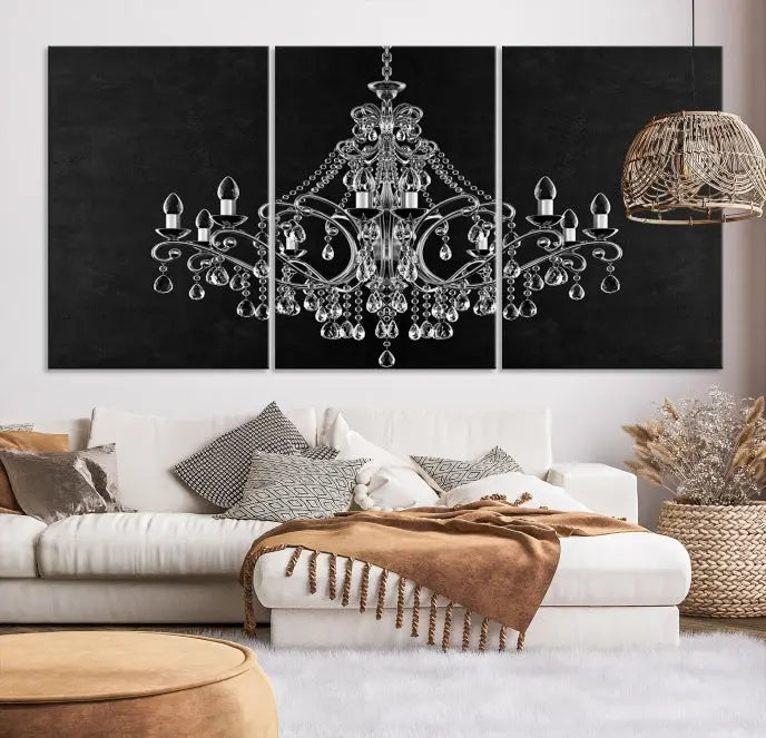 A set of "Black and White Chandelier" canvas prints adorns the wall. Crafted on museum-quality canvas, each piece is finished with satin varnish, adding an elegant touch.