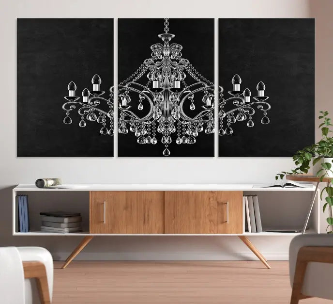 A set of "Black and White Chandelier" canvas prints adorns the wall. Crafted on museum-quality canvas, each piece is finished with satin varnish, adding an elegant touch.