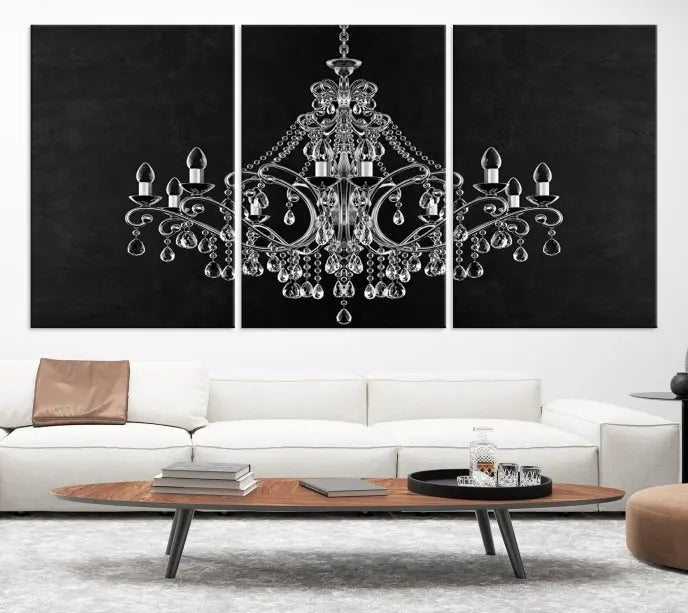 A set of "Black and White Chandelier" canvas prints adorns the wall. Crafted on museum-quality canvas, each piece is finished with satin varnish, adding an elegant touch.