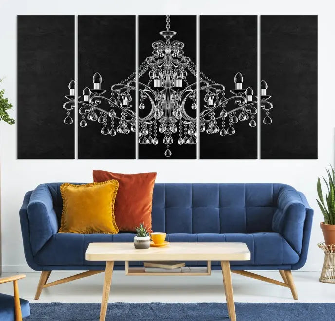 A set of "Black and White Chandelier" canvas prints adorns the wall. Crafted on museum-quality canvas, each piece is finished with satin varnish, adding an elegant touch.