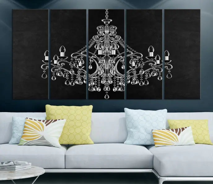 A set of "Black and White Chandelier" canvas prints adorns the wall. Crafted on museum-quality canvas, each piece is finished with satin varnish, adding an elegant touch.