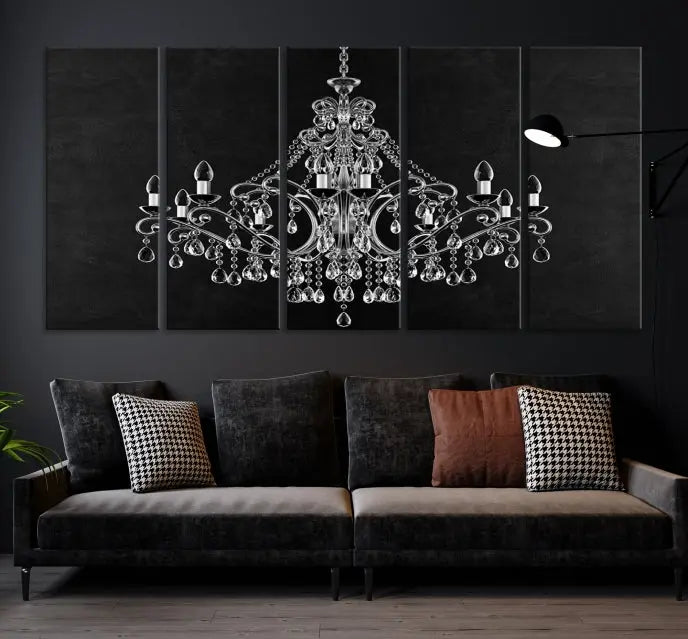 A set of "Black and White Chandelier" canvas prints adorns the wall. Crafted on museum-quality canvas, each piece is finished with satin varnish, adding an elegant touch.