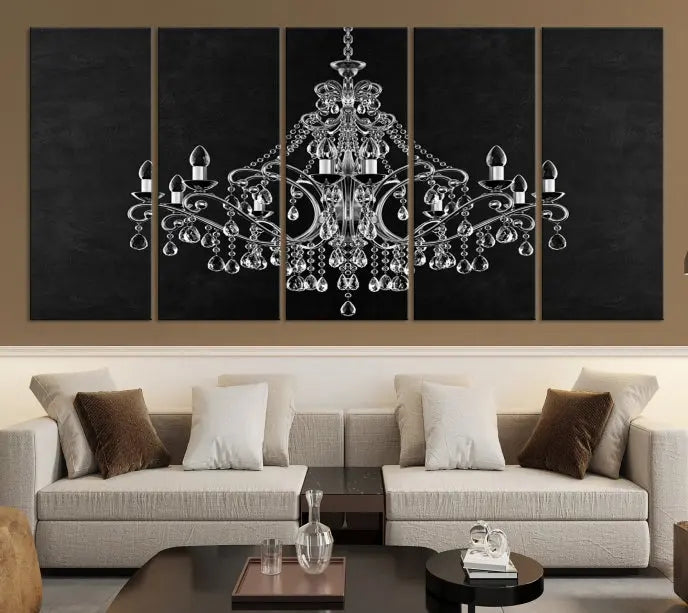 A set of "Black and White Chandelier" canvas prints adorns the wall. Crafted on museum-quality canvas, each piece is finished with satin varnish, adding an elegant touch.