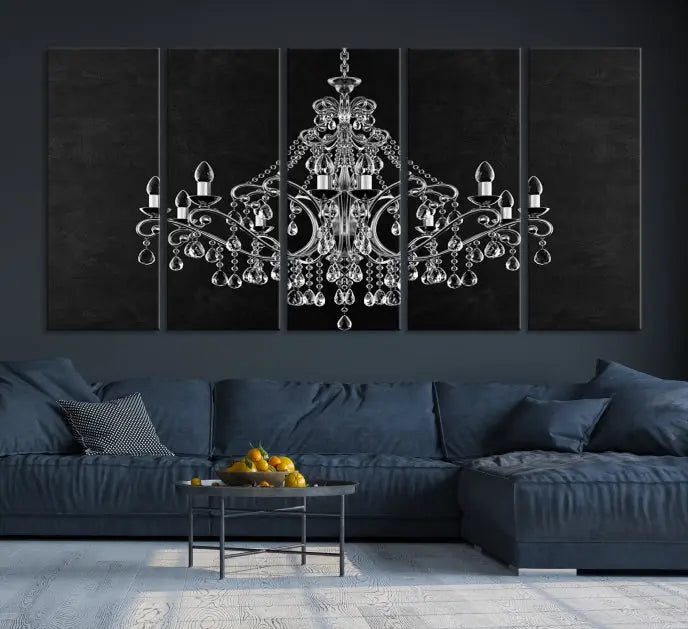 A set of "Black and White Chandelier" canvas prints adorns the wall. Crafted on museum-quality canvas, each piece is finished with satin varnish, adding an elegant touch.