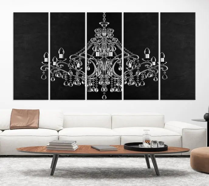 A set of "Black and White Chandelier" canvas prints adorns the wall. Crafted on museum-quality canvas, each piece is finished with satin varnish, adding an elegant touch.