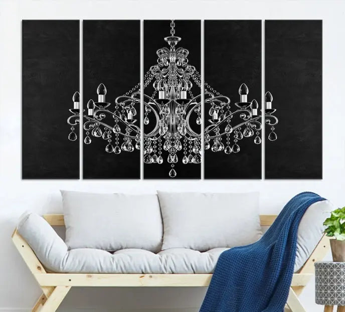 A set of "Black and White Chandelier" canvas prints adorns the wall. Crafted on museum-quality canvas, each piece is finished with satin varnish, adding an elegant touch.