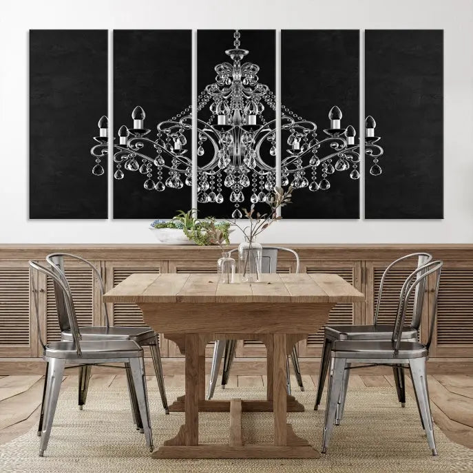 A set of "Black and White Chandelier" canvas prints adorns the wall. Crafted on museum-quality canvas, each piece is finished with satin varnish, adding an elegant touch.