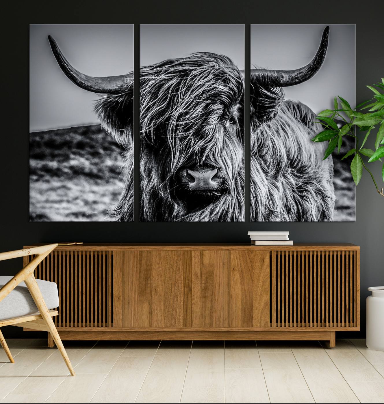 14594-MGV-CV-36X24-Black and White Cow Wall Art Canvas Print Highland Cattle Canvas Art