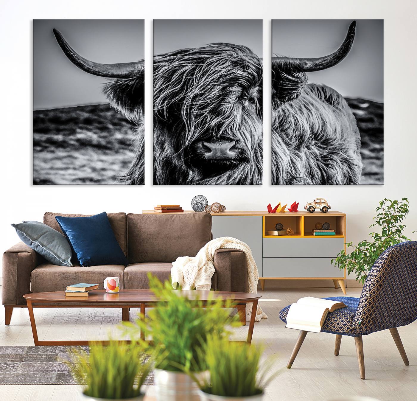 14594-MGV-CV-36X24-Black and White Cow Wall Art Canvas Print Highland Cattle Canvas Art