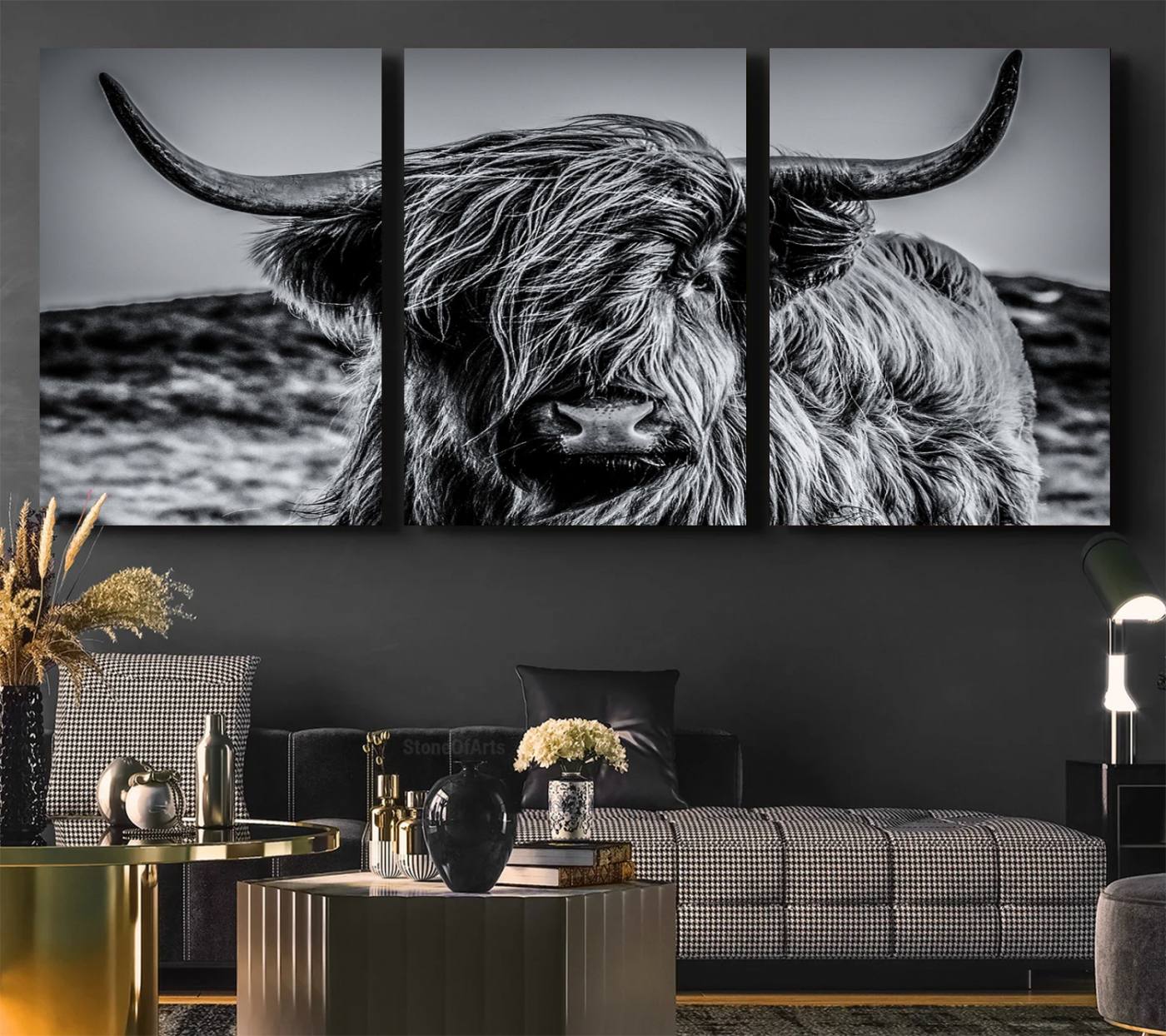 14594-MGV-CV-36X24-Black and White Cow Wall Art Canvas Print Highland Cattle Canvas Art