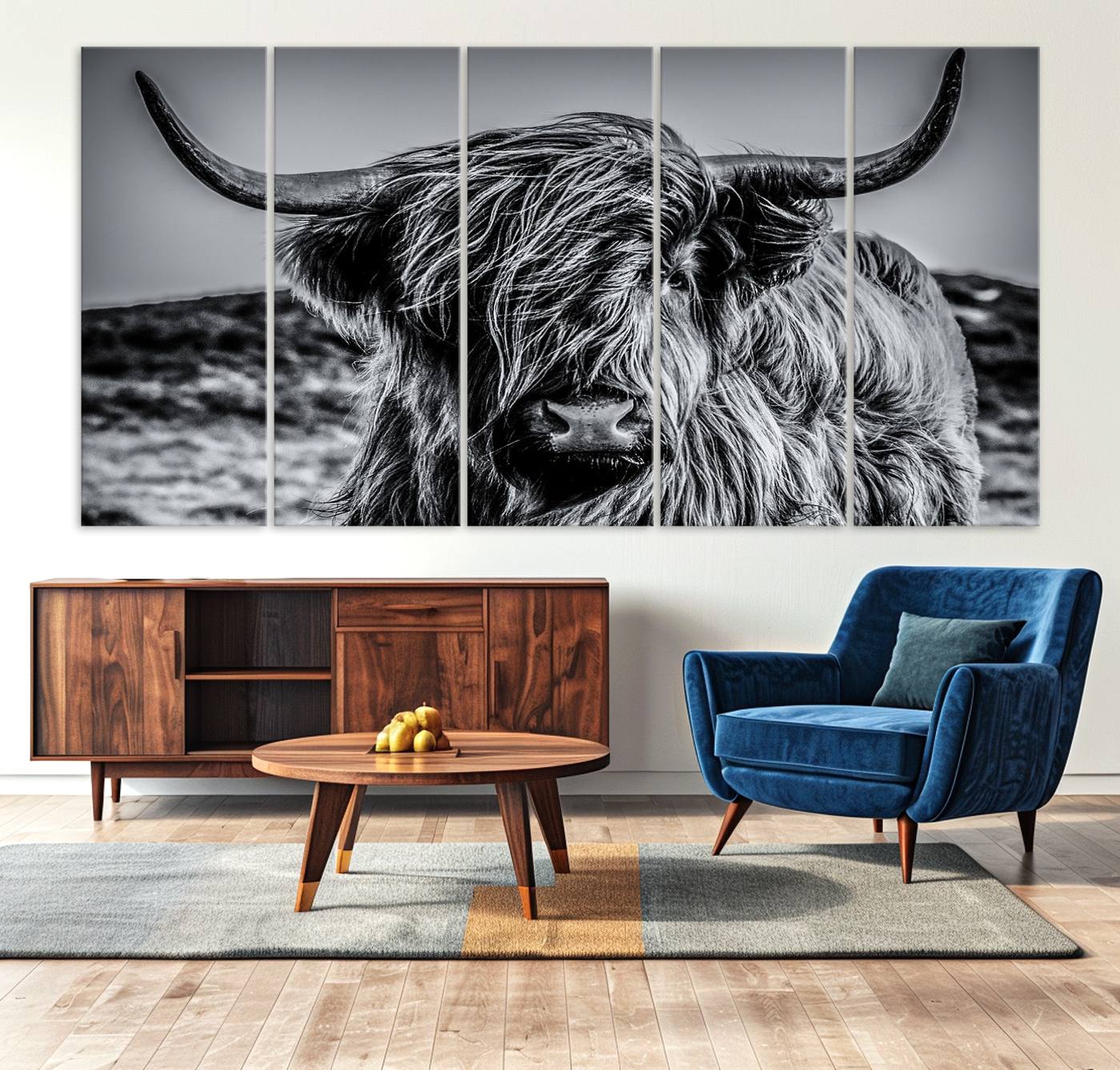 14594-MGV-CV-36X24-Black and White Cow Wall Art Canvas Print Highland Cattle Canvas Art