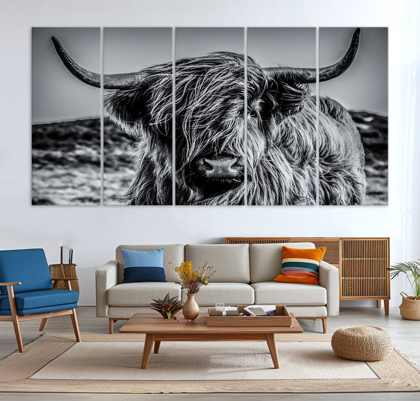 14594-MGV-CV-36X24-Black and White Cow Wall Art Canvas Print Highland Cattle Canvas Art