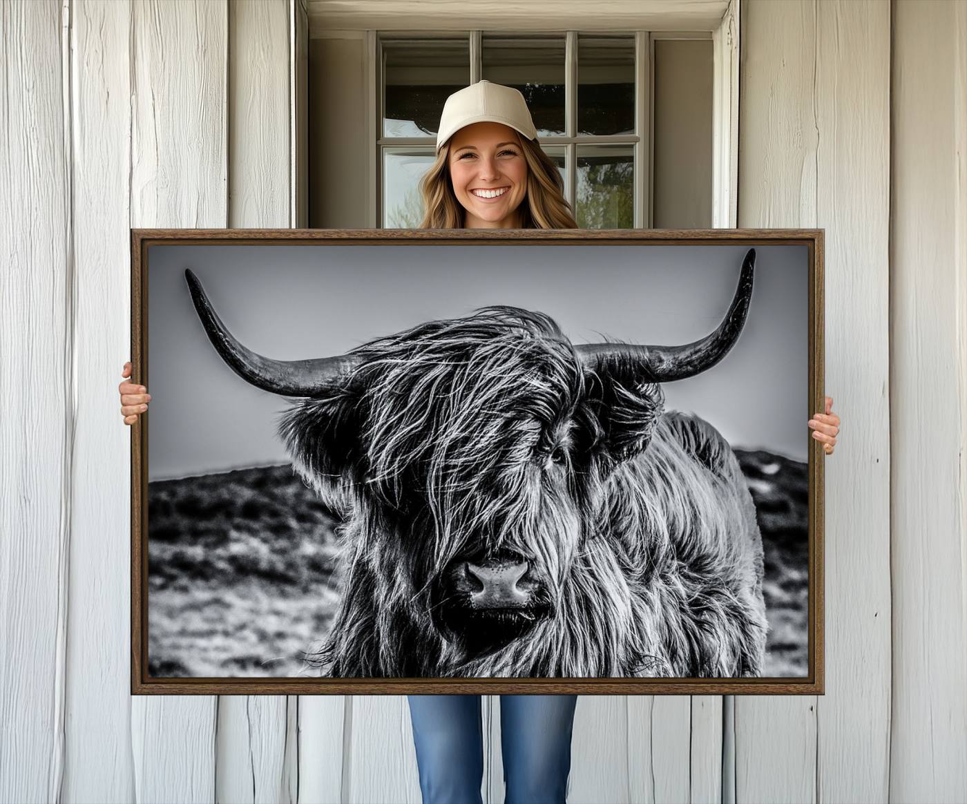 14594-MGV-CV-36X24-Black and White Cow Wall Art Canvas Print Highland Cattle Canvas Art