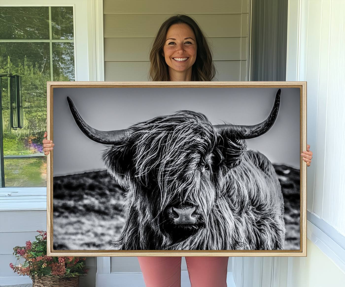 14594-MGV-CV-36X24-Black and White Cow Wall Art Canvas Print Highland Cattle Canvas Art