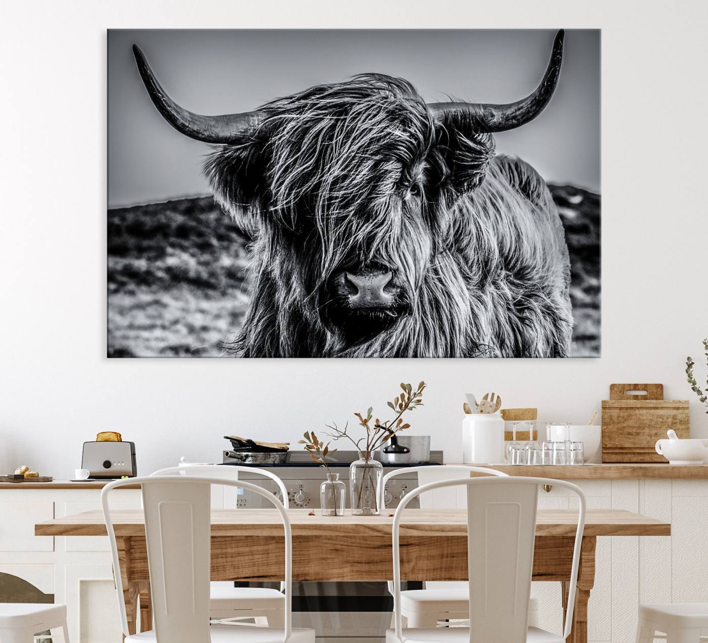 14594-MGV-CV-36X24-Black and White Cow Wall Art Canvas Print Highland Cattle Canvas Art