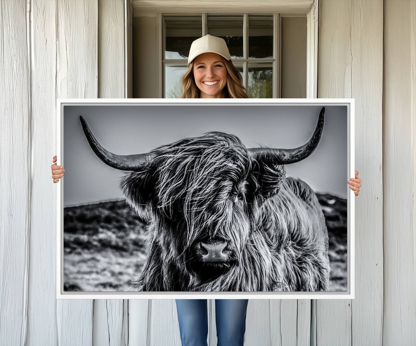14594-MGV-CV-36X24-Black and White Cow Wall Art Canvas Print Highland Cattle Canvas Art