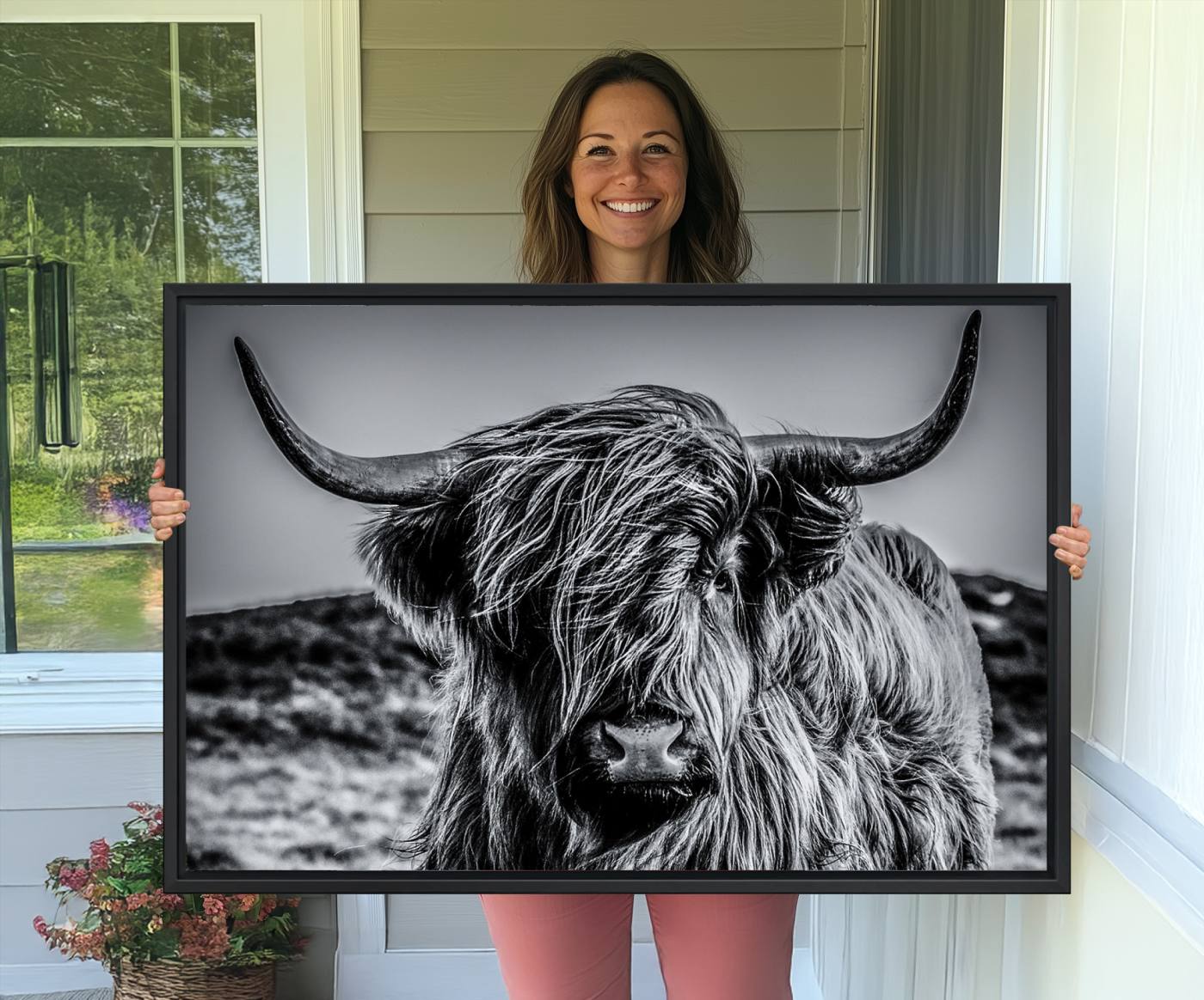 14594-MGV-CV-36X24-Black and White Cow Wall Art Canvas Print Highland Cattle Canvas Art