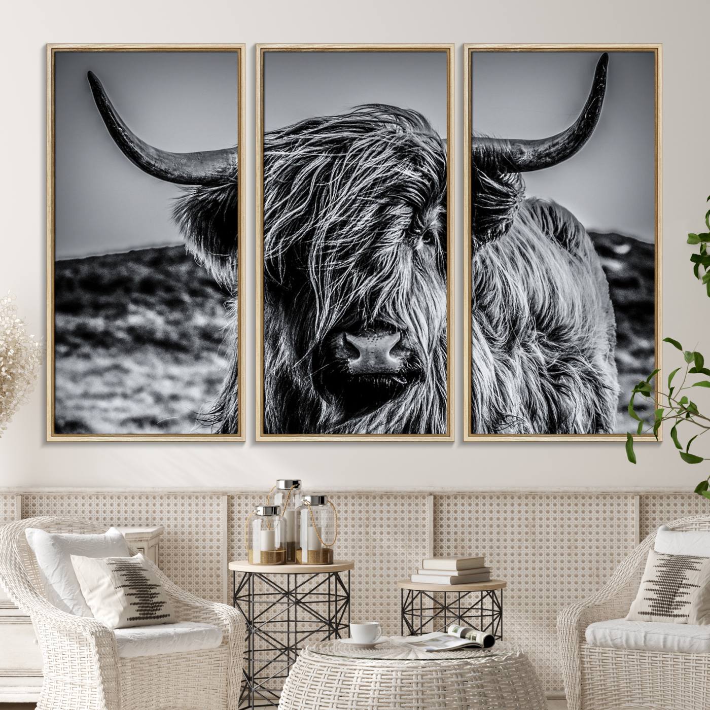 14594-MGV-CV-36X24-Black and White Cow Wall Art Canvas Print Highland Cattle Canvas Art