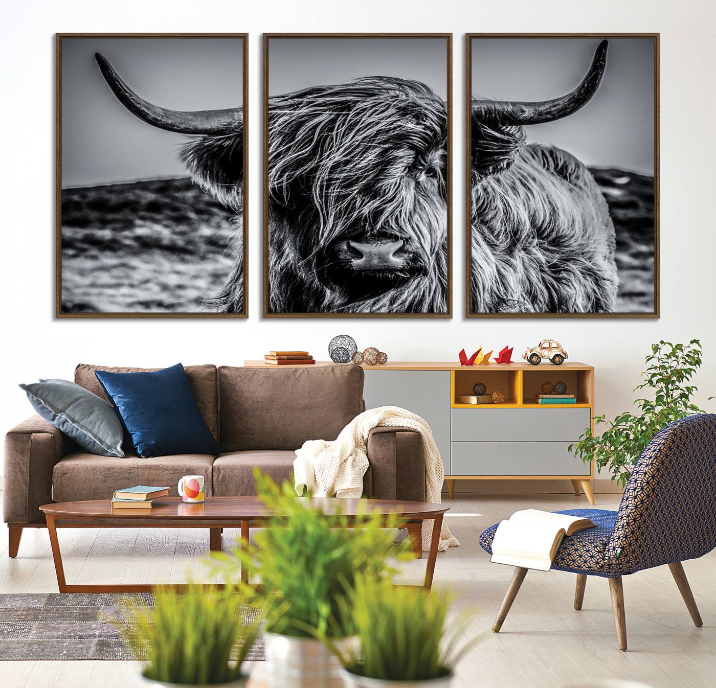 14594-MGV-CV-36X24-Black and White Cow Wall Art Canvas Print Highland Cattle Canvas Art