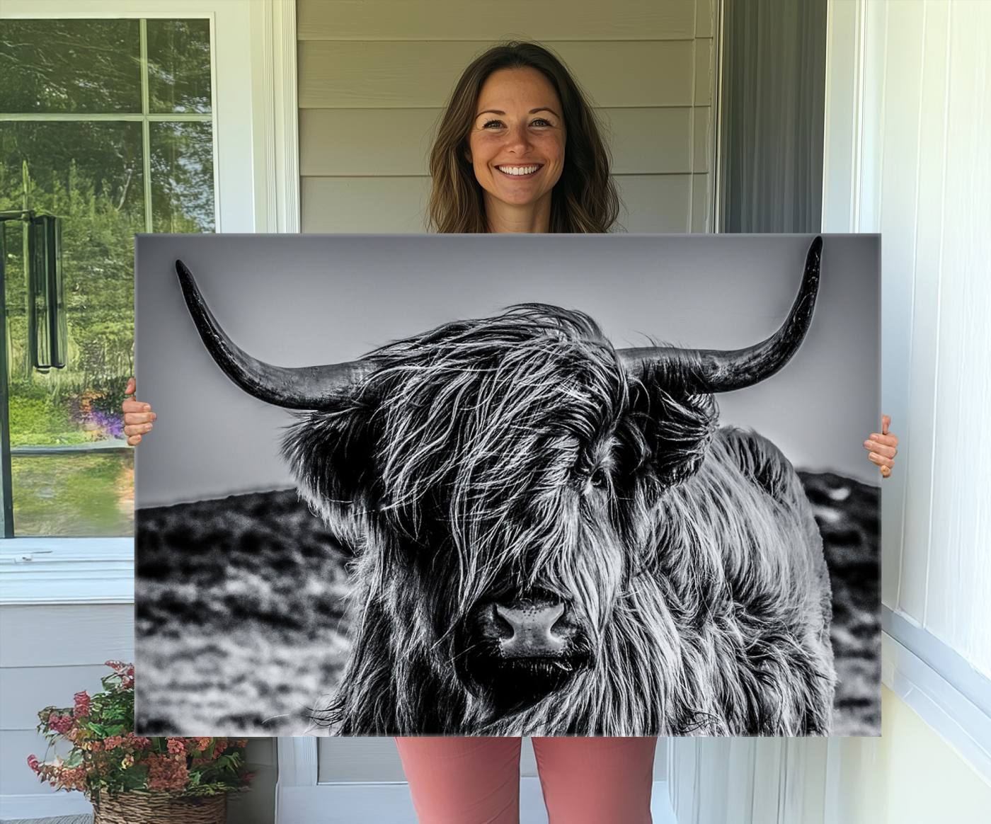 14594-MGV-CV-36X24-Black and White Cow Wall Art Canvas Print Highland Cattle Canvas Art