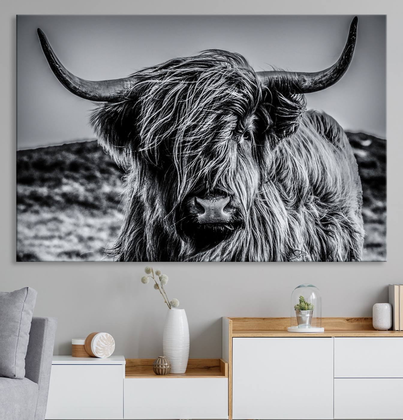 14594-MGV-CV-36X24-Black and White Cow Wall Art Canvas Print Highland Cattle Canvas Art