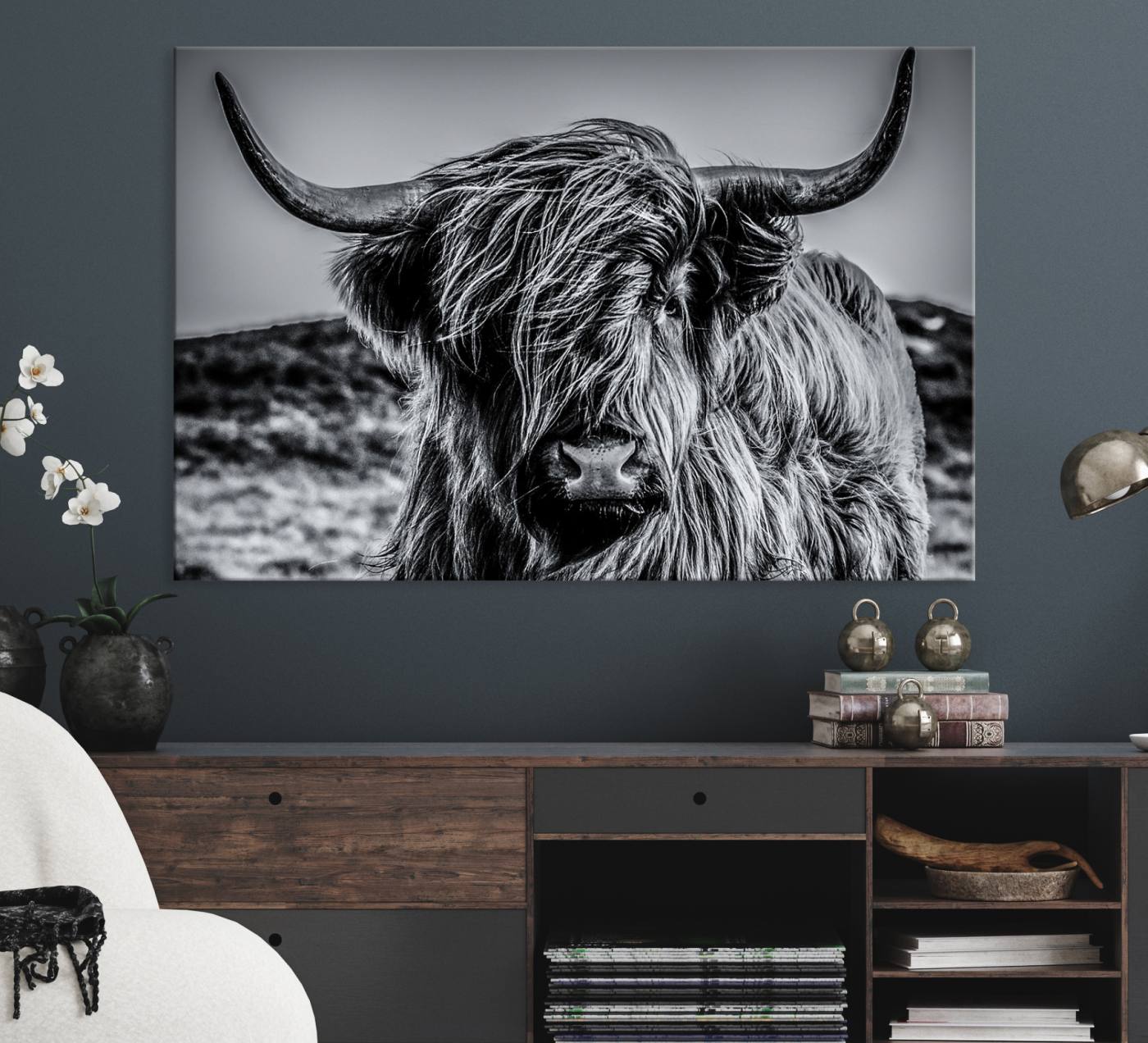 14594-MGV-CV-36X24-Black and White Cow Wall Art Canvas Print Highland Cattle Canvas Art
