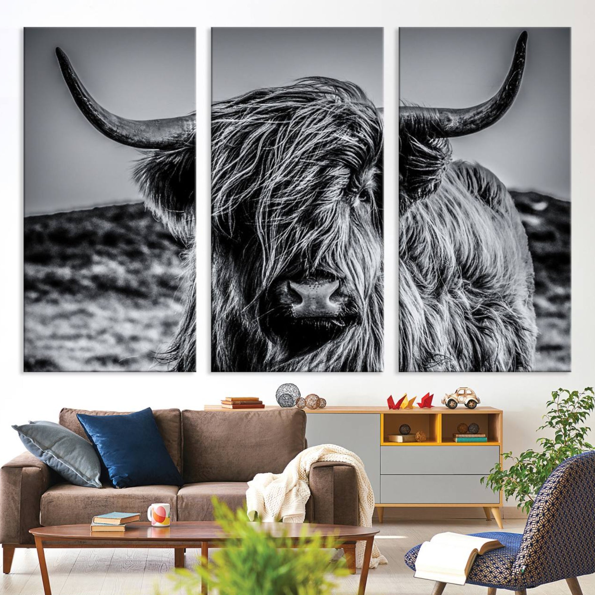 14594-MGV-CV-36X24-Black and White Cow Wall Art Canvas Print Highland Cattle Canvas Art