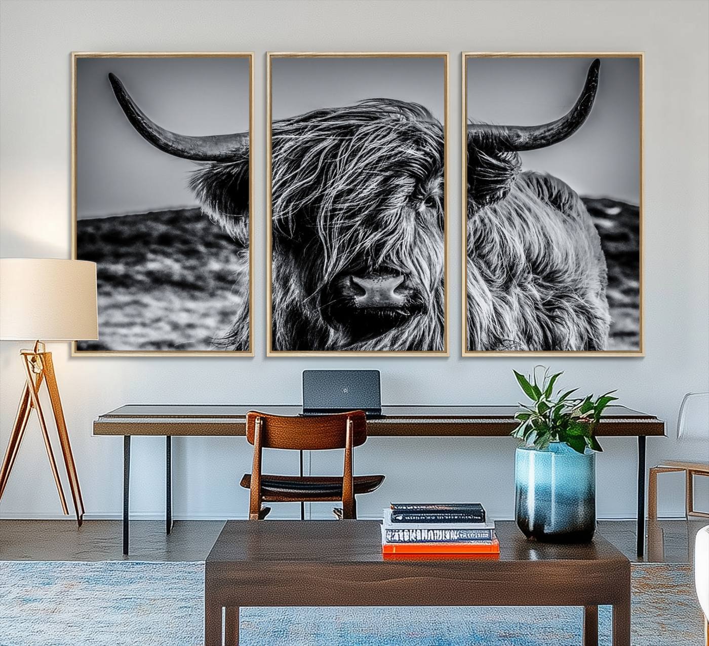 14594-MGV-FC-48X32-3P_Natural-Black and White Cow Wall Art Canvas Print Highland Cattle Canvas Art
