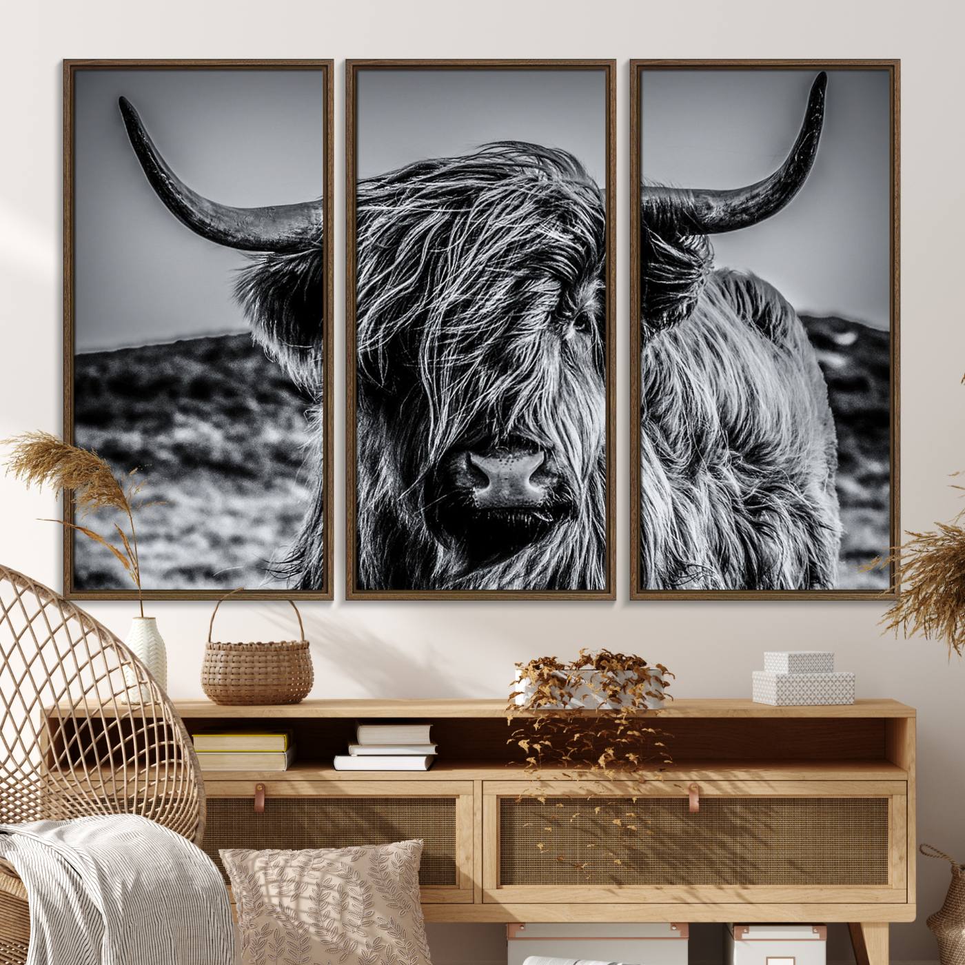 14594-MGV-FC-48X32-3P_Walnut-Black and White Cow Wall Art Canvas Print Highland Cattle Canvas Art
