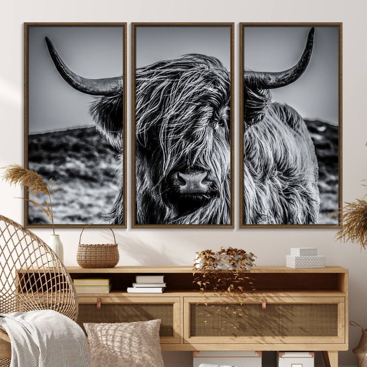 14594-MGV-FC-48X32-3P_Walnut-Black and White Cow Wall Art Canvas Print Highland Cattle Canvas Art