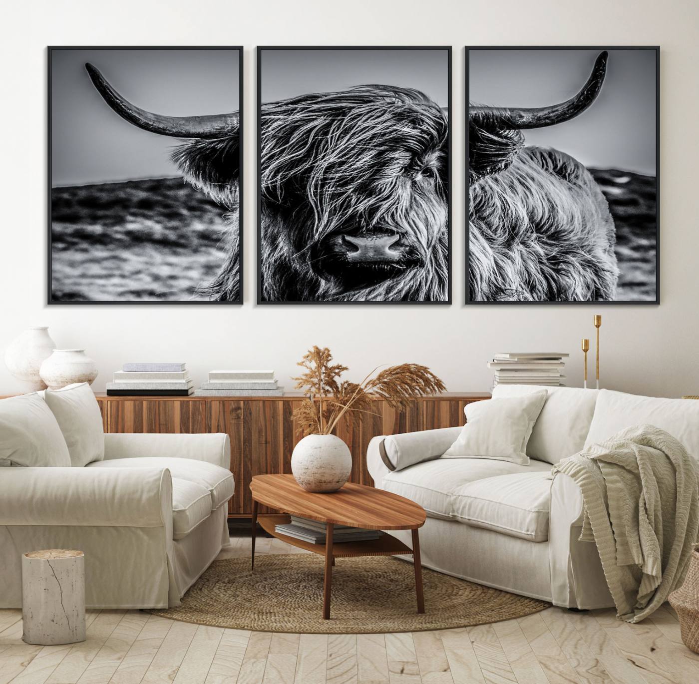 14594-MGV-FC-60X30-3P_Black-Black and White Cow Wall Art Canvas Print Highland Cattle Canvas Art
