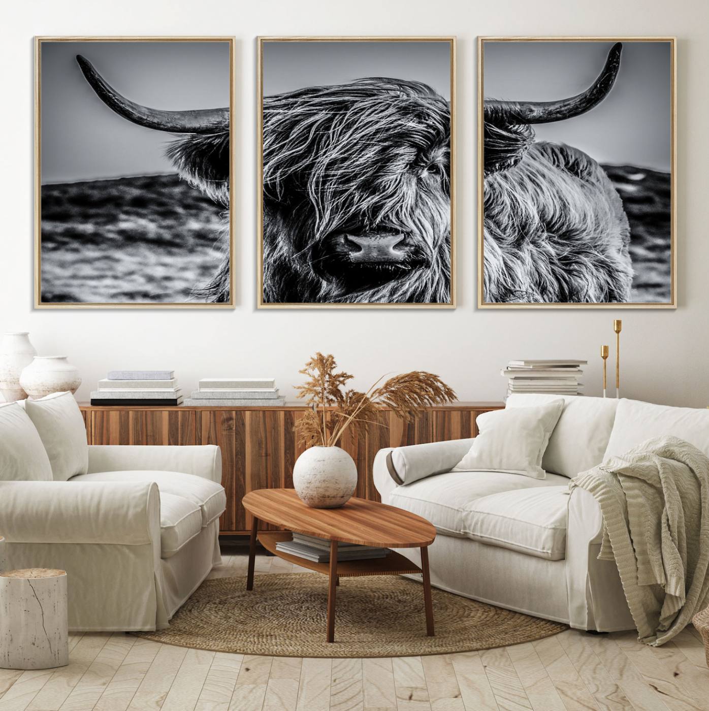 14594-MGV-FC-60X30-3P_Natural-Black and White Cow Wall Art Canvas Print Highland Cattle Canvas Art