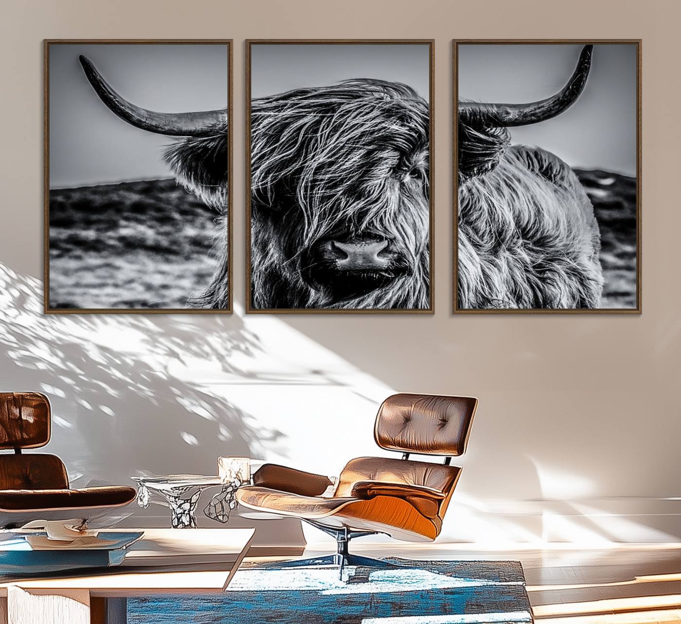 14594-MGV-FC-60X30-3P_Walnut-Black and White Cow Wall Art Canvas Print Highland Cattle Canvas Art