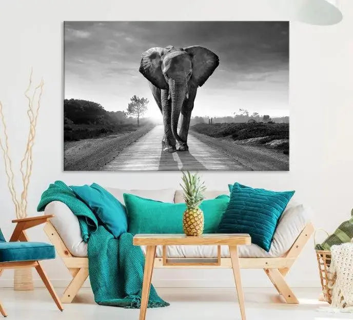 Black and White Elephant Wall Art Canvas Print is displayed as a triptych on museum-quality canvases, elegantly showcased on a dark wall. Each piece is ready to hang and features a durable UV-protective coating.