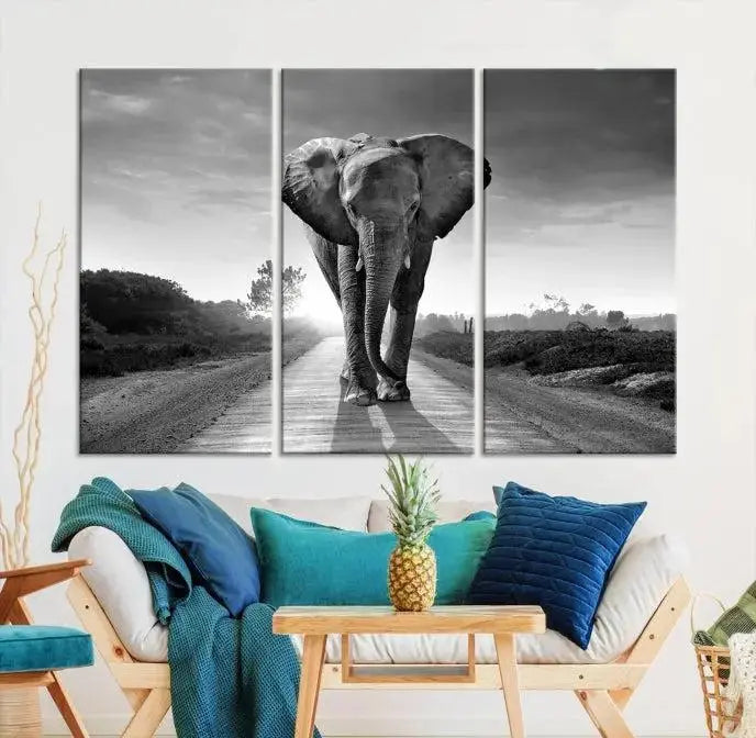 Black and White Elephant Wall Art Canvas Print is displayed as a triptych on museum-quality canvases, elegantly showcased on a dark wall. Each piece is ready to hang and features a durable UV-protective coating.