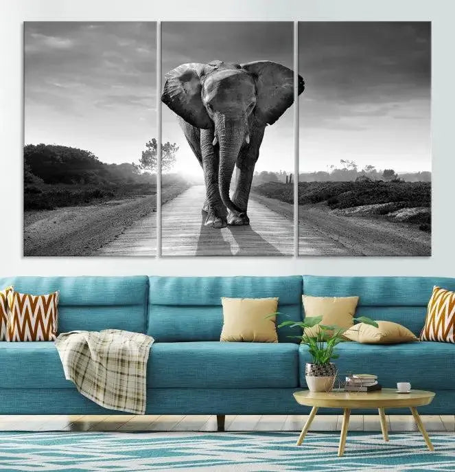 Black and White Elephant Wall Art Canvas Print is displayed as a triptych on museum-quality canvases, elegantly showcased on a dark wall. Each piece is ready to hang and features a durable UV-protective coating.