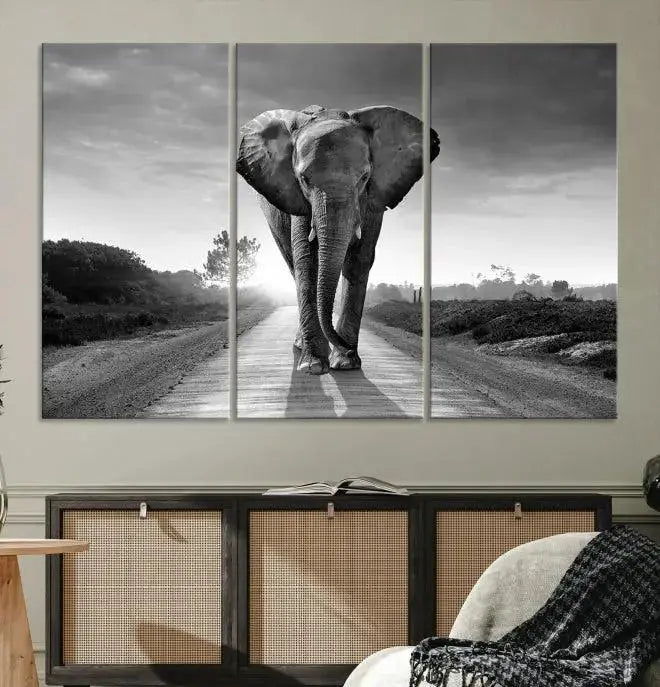 Black and White Elephant Wall Art Canvas Print is displayed as a triptych on museum-quality canvases, elegantly showcased on a dark wall. Each piece is ready to hang and features a durable UV-protective coating.