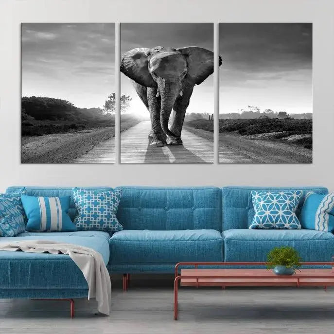 Black and White Elephant Wall Art Canvas Print is displayed as a triptych on museum-quality canvases, elegantly showcased on a dark wall. Each piece is ready to hang and features a durable UV-protective coating.