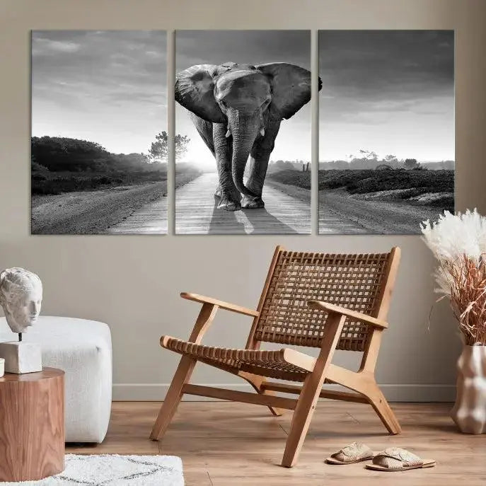 Black and White Elephant Wall Art Canvas Print is displayed as a triptych on museum-quality canvases, elegantly showcased on a dark wall. Each piece is ready to hang and features a durable UV-protective coating.