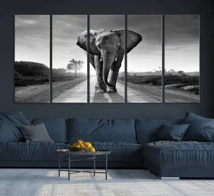 Black and White Elephant Wall Art Canvas Print is displayed as a triptych on museum-quality canvases, elegantly showcased on a dark wall. Each piece is ready to hang and features a durable UV-protective coating.