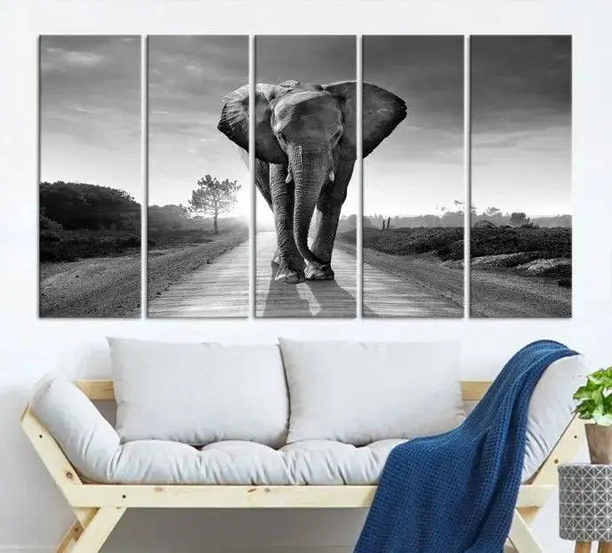 Black and White Elephant Wall Art Canvas Print is displayed as a triptych on museum-quality canvases, elegantly showcased on a dark wall. Each piece is ready to hang and features a durable UV-protective coating.