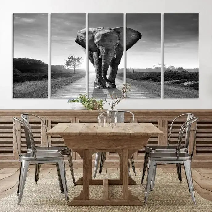 Black and White Elephant Wall Art Canvas Print is displayed as a triptych on museum-quality canvases, elegantly showcased on a dark wall. Each piece is ready to hang and features a durable UV-protective coating.