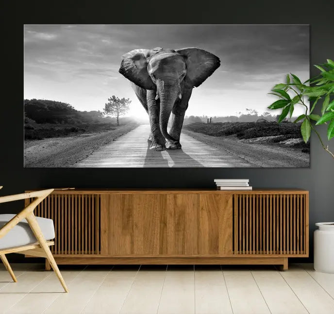 Black and White Elephant Wall Art Canvas Print is displayed as a triptych on museum-quality canvases, elegantly showcased on a dark wall. Each piece is ready to hang and features a durable UV-protective coating.