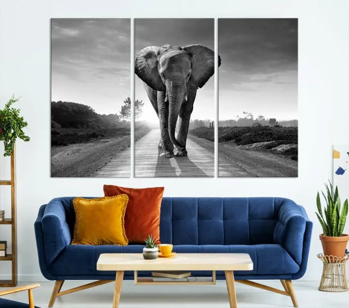 Black and White Elephant Wall Art Canvas Print is displayed as a triptych on museum-quality canvases, elegantly showcased on a dark wall. Each piece is ready to hang and features a durable UV-protective coating.