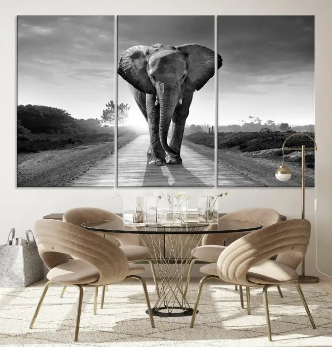 Black and White Elephant Wall Art Canvas Print is displayed as a triptych on museum-quality canvases, elegantly showcased on a dark wall. Each piece is ready to hang and features a durable UV-protective coating.