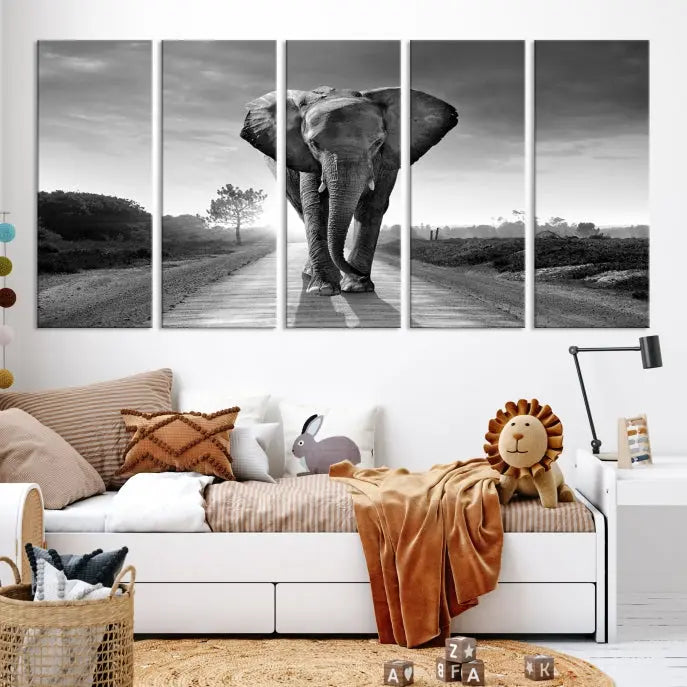 Black and White Elephant Wall Art Canvas Print is displayed as a triptych on museum-quality canvases, elegantly showcased on a dark wall. Each piece is ready to hang and features a durable UV-protective coating.