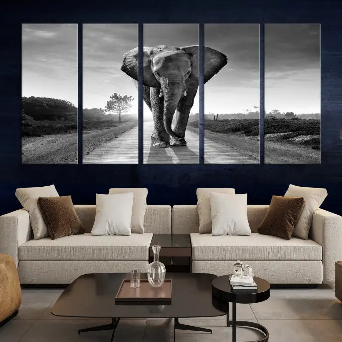 Black and White Elephant Wall Art Canvas Print is displayed as a triptych on museum-quality canvases, elegantly showcased on a dark wall. Each piece is ready to hang and features a durable UV-protective coating.